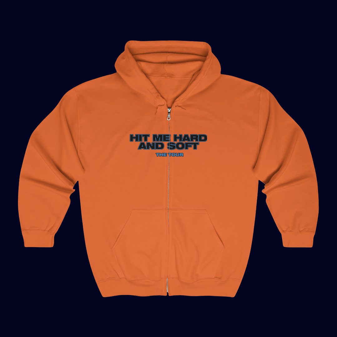Billie Eilish Merch - Hit Me Hard and Soft Orange Signature Tour Dates Zip Up Hoodie